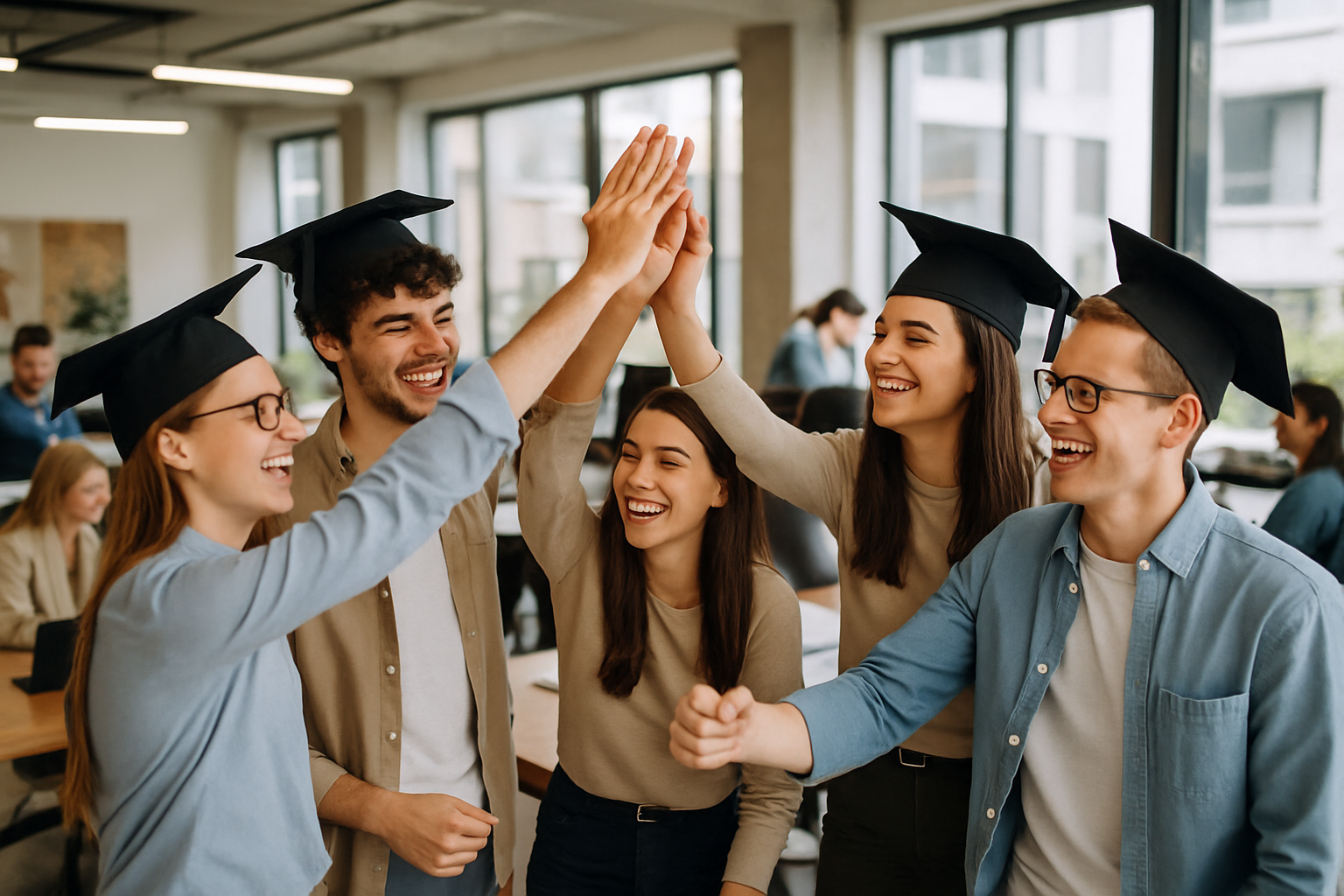 The image depicts a modern office environment bustling with activity