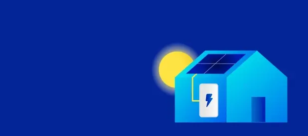 A stylised blue house with a solar panel on the roof, a small yellow sun behind it, and a white battery-like icon in the front on a blue background.
