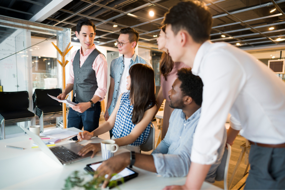 international student in a group guided by their mentor